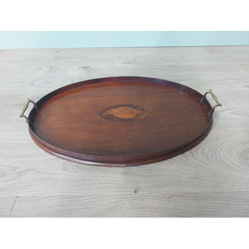 2110 - 19th C. mahogany and satinwood inlaid serving tray {6 cm H x 57 cm W x 37 cm D}.