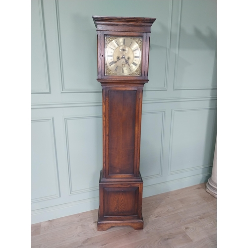 2119 - Oak Grandfather clock with brass dial in the Georgian style {188 cm H x 45 cm W x 27 cm D}.