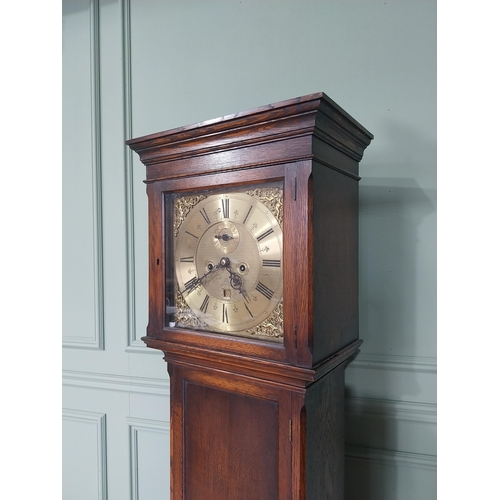 2119 - Oak Grandfather clock with brass dial in the Georgian style {188 cm H x 45 cm W x 27 cm D}.