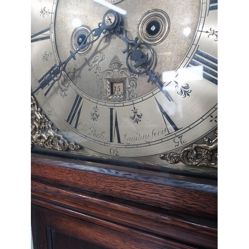 2119 - Oak Grandfather clock with brass dial in the Georgian style {188 cm H x 45 cm W x 27 cm D}.