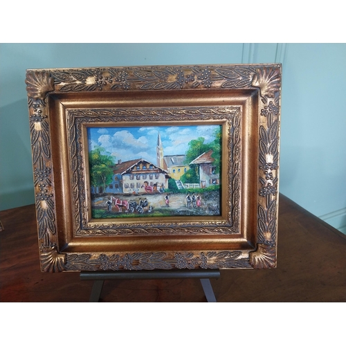 2122 - Pair of French oleographs mounted in gilt frames raised on table top easels {26 cm H x 31 cm D}.