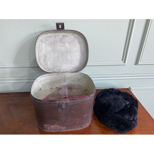 485 - 20th C. metal hat box with hat {30 cm H x 35 cm W x 29 cm D}.