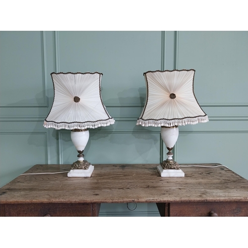 815 - Pair of Edwardian onyx table lamps with cloth shades {80 cm H x 52 cm W x 30 cm D}.