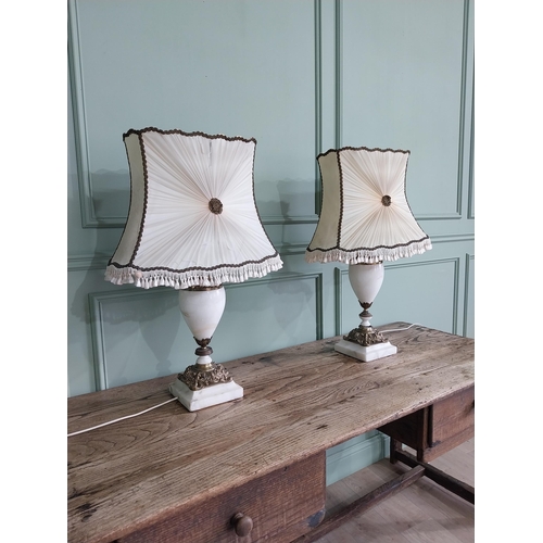 815 - Pair of Edwardian onyx table lamps with cloth shades {80 cm H x 52 cm W x 30 cm D}.