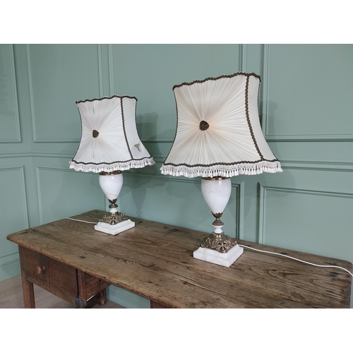 815 - Pair of Edwardian onyx table lamps with cloth shades {80 cm H x 52 cm W x 30 cm D}.