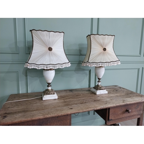 815 - Pair of Edwardian onyx table lamps with cloth shades {80 cm H x 52 cm W x 30 cm D}.