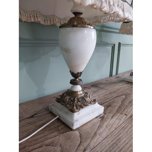 815 - Pair of Edwardian onyx table lamps with cloth shades {80 cm H x 52 cm W x 30 cm D}.