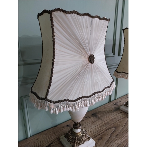 815 - Pair of Edwardian onyx table lamps with cloth shades {80 cm H x 52 cm W x 30 cm D}.