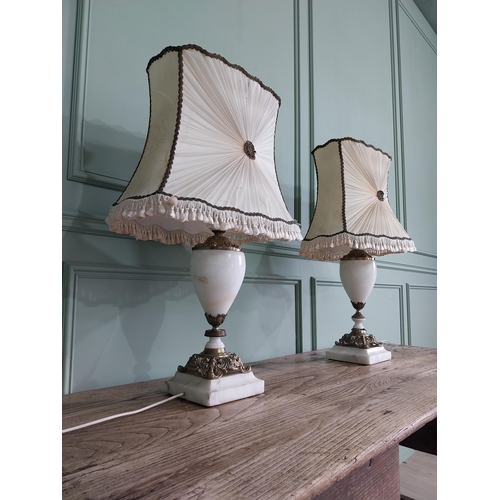 815 - Pair of Edwardian onyx table lamps with cloth shades {80 cm H x 52 cm W x 30 cm D}.