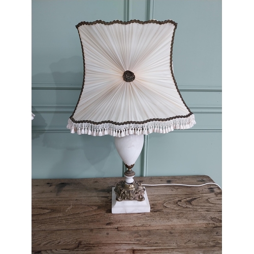 815 - Pair of Edwardian onyx table lamps with cloth shades {80 cm H x 52 cm W x 30 cm D}.