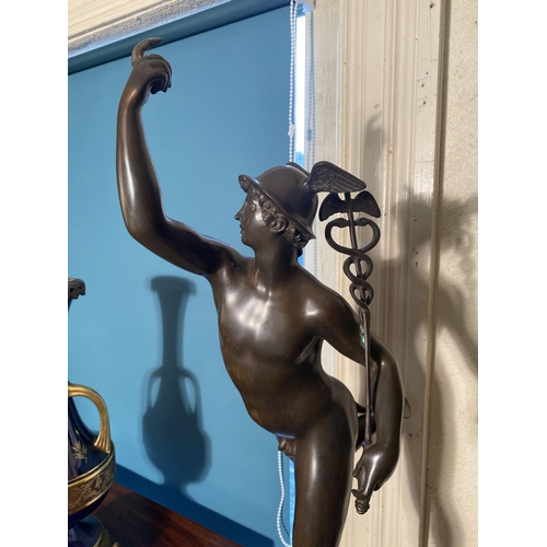 100 - Good quality bronze sculpture of Mercury mounted on marble plinth {85cm  H  x 23cm W x 34cm D}.