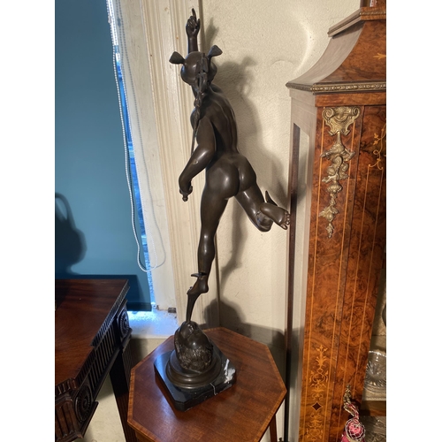 100 - Good quality bronze sculpture of Mercury mounted on marble plinth {85cm  H  x 23cm W x 34cm D}.