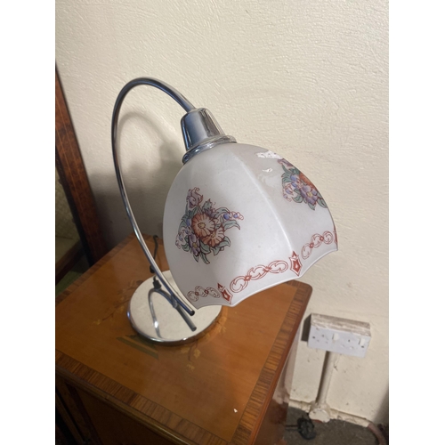 106 - 20th C. chrome table lamp with frosted and hand painted glass shade {40cm  H  x 45cm W x 20cm D}.