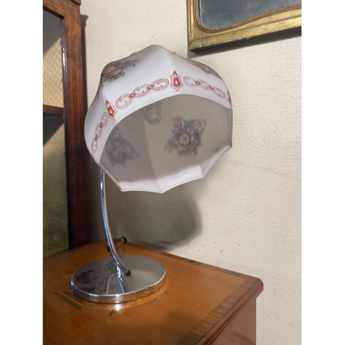 106 - 20th C. chrome table lamp with frosted and hand painted glass shade {40cm  H  x 45cm W x 20cm D}.