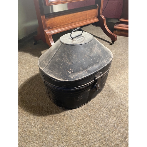 109 - Early 20th C. metal hat box with original safari hat {30cm  H  x 40cm W x 30cm D}.