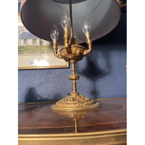 11 - Good quality early 20th C. gilded metal table lamp with cloth shade {71cm  H  x 40cm W x 40cm D}.