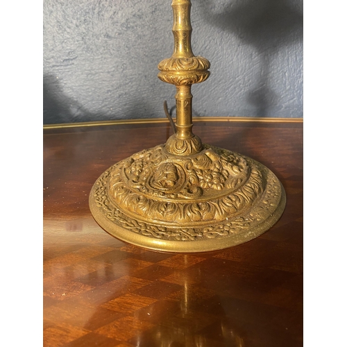 11 - Good quality early 20th C. gilded metal table lamp with cloth shade {71cm  H  x 40cm W x 40cm D}.