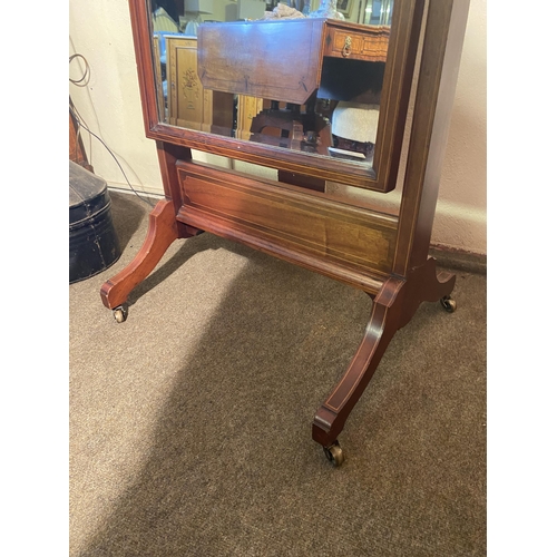 110 - Good quality Edwardian mahogany and satinwood inlaid cheval mirror with brass finials raised on four... 