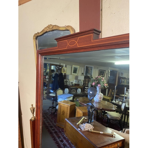 110 - Good quality Edwardian mahogany and satinwood inlaid cheval mirror with brass finials raised on four... 