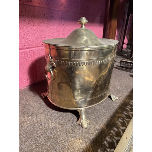 114 - 19th C. brass coal bucket with original liner {40cm  H  x 38cm W x 30cm D}.