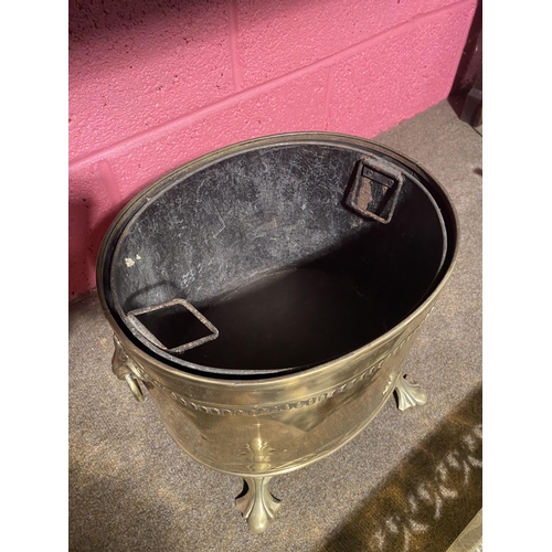 114 - 19th C. brass coal bucket with original liner {40cm  H  x 38cm W x 30cm D}.