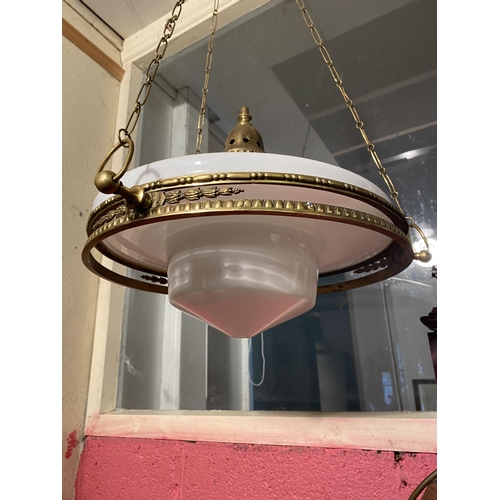 117 - Good quality 19th C. brass and opaline glass hanging light shade {110cm  H  x 45cm Dia.}.