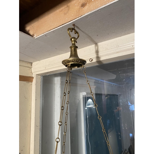 117 - Good quality 19th C. brass and opaline glass hanging light shade {110cm  H  x 45cm Dia.}.