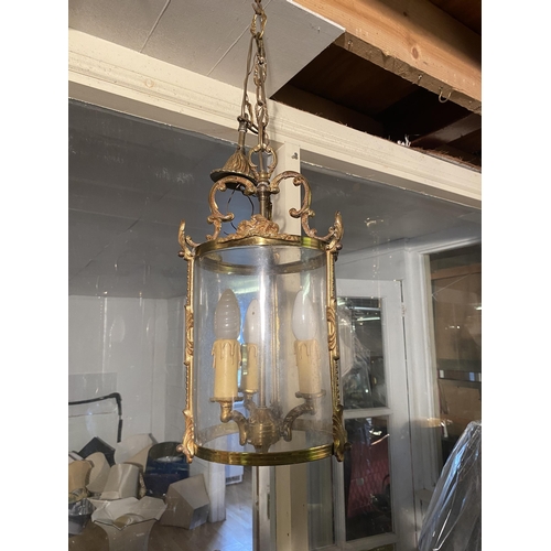 123 - French gilded brass circular hall lantern {60cm  H  x 23cm Dia.}.