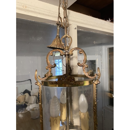 123 - French gilded brass circular hall lantern {60cm  H  x 23cm Dia.}.