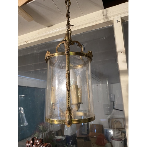 123 - French gilded brass circular hall lantern {60cm  H  x 23cm Dia.}.