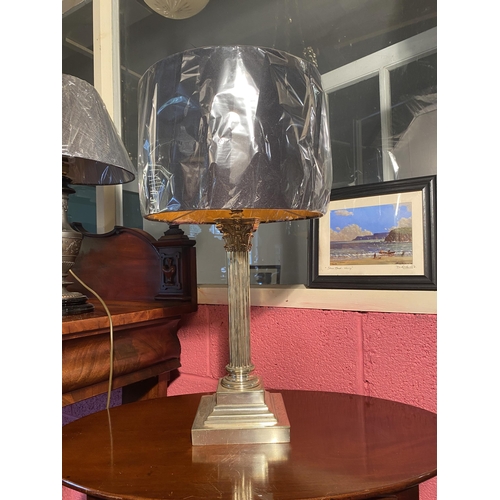 125 - Good quality 19th C. silverplate Corinthian column table lamp with cloth shade {65cm  H  x 35cm Dia.... 