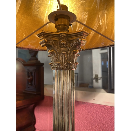 125 - Good quality 19th C. silverplate Corinthian column table lamp with cloth shade {65cm  H  x 35cm Dia.... 