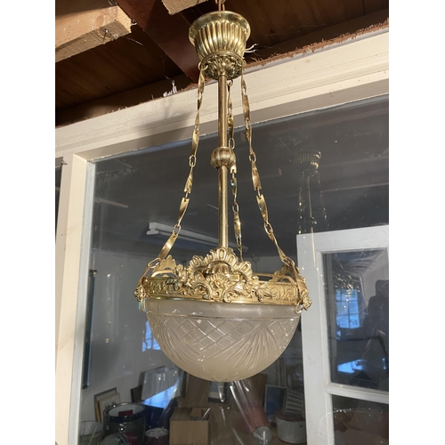 128 - Good quality early 20th C. gilded brass hanging light shade with cut glass bowl {50cm  H  x 20cm W}.