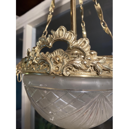 128 - Good quality early 20th C. gilded brass hanging light shade with cut glass bowl {50cm  H  x 20cm W}.