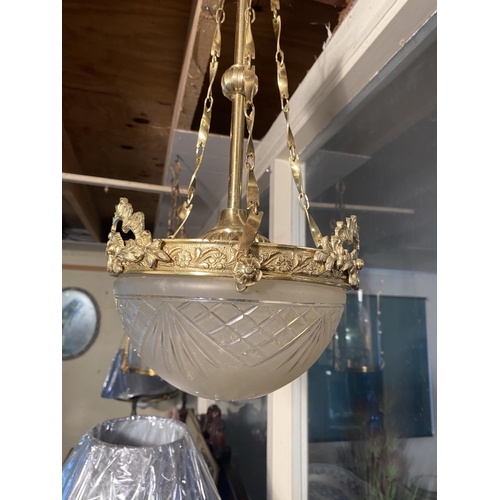 128 - Good quality early 20th C. gilded brass hanging light shade with cut glass bowl {50cm  H  x 20cm W}.