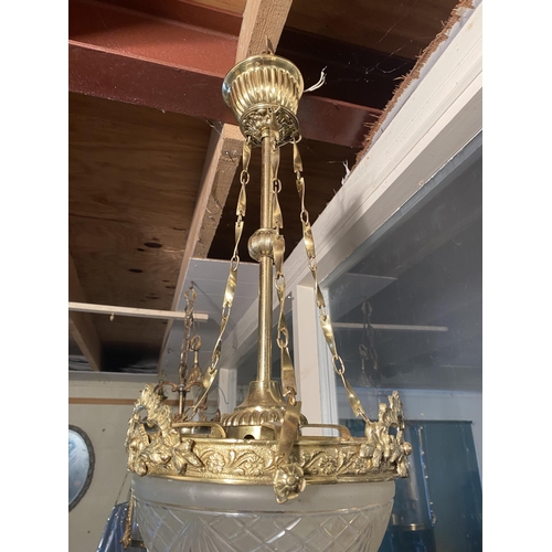 128 - Good quality early 20th C. gilded brass hanging light shade with cut glass bowl {50cm  H  x 20cm W}.