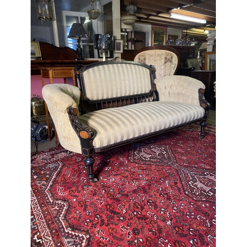 141 - Edwardian ebonised & gilded and upholstered seven piece parlour suite {Couch 90 cm H x 175 cm W x 74... 