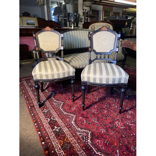 141 - Edwardian ebonised & gilded and upholstered seven piece parlour suite {Couch 90 cm H x 175 cm W x 74... 