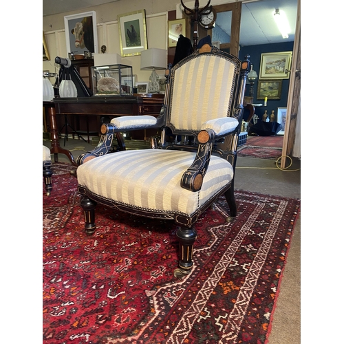 141 - Edwardian ebonised & gilded and upholstered seven piece parlour suite {Couch 90 cm H x 175 cm W x 74... 