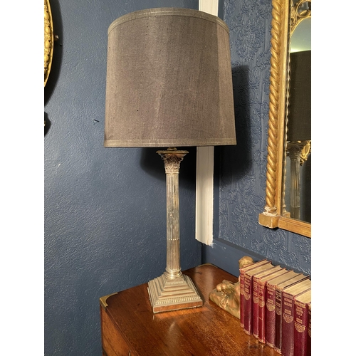 16 - Good quality 19th C. silverplate Corinthian column table lamp with cloth shade {79cm  H  x 39cm W x ... 