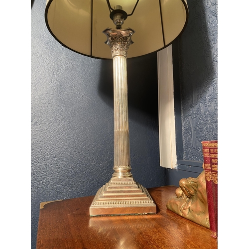 16 - Good quality 19th C. silverplate Corinthian column table lamp with cloth shade {79cm  H  x 39cm W x ... 