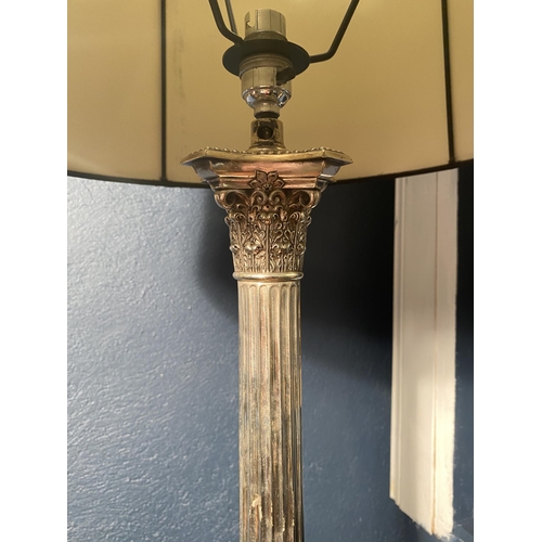 16 - Good quality 19th C. silverplate Corinthian column table lamp with cloth shade {79cm  H  x 39cm W x ... 