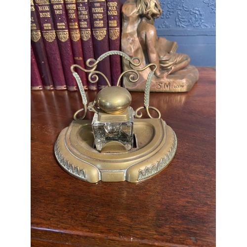 17 - Edwardian embossed brass ink well {9cm  H  x 15cm W x 14cm D}.