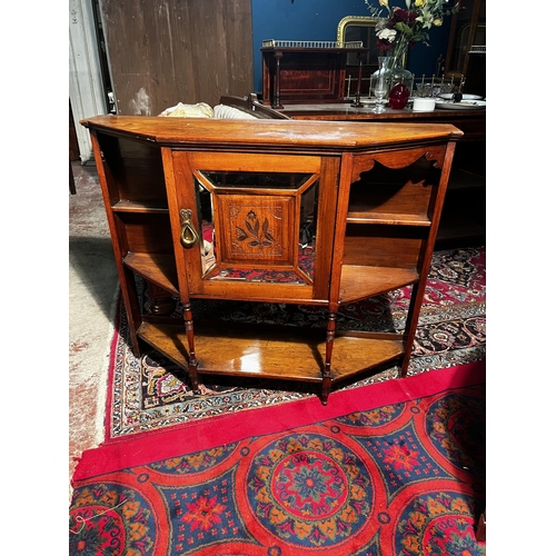 30 - Edwardian mahogany chiffonier with central mirrored door raised on turned legs {102cm  H  x 122cm W ... 