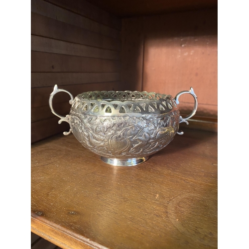 32 - 19th C. embossed silver sugar bowl {8cm  H  x 16cm W x 12cm D}.