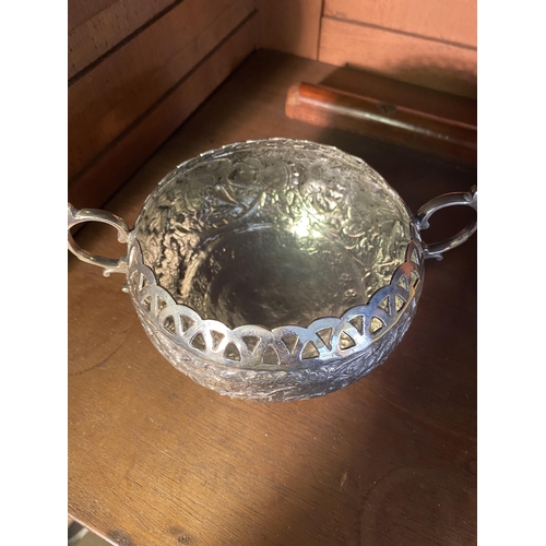 32 - 19th C. embossed silver sugar bowl {8cm  H  x 16cm W x 12cm D}.