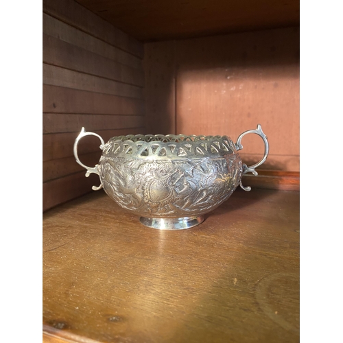 32 - 19th C. embossed silver sugar bowl {8cm  H  x 16cm W x 12cm D}.