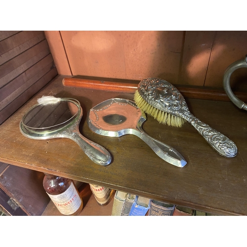 33 - Two 19th C. English silver vanity mirrors and brush.