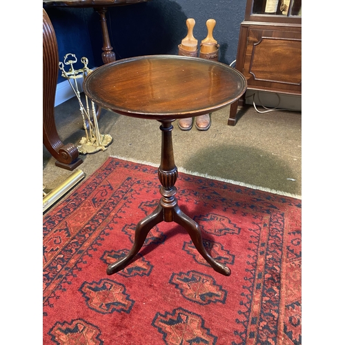 38 - Edwardian mahogany wine table raised on turned column and three outswept feet {63cm  H  x 43cm W x 4... 