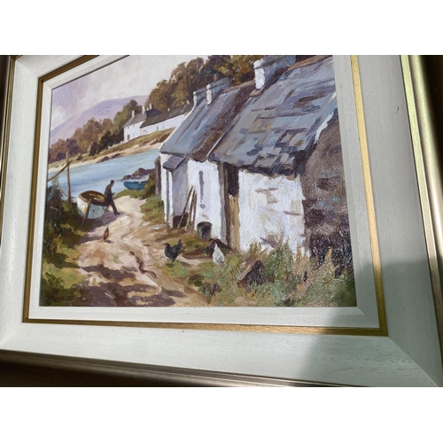 42 - D. McNaughton Harbour scene oil on board mounted in gilt frame {39cm  H  x 49cm W}.